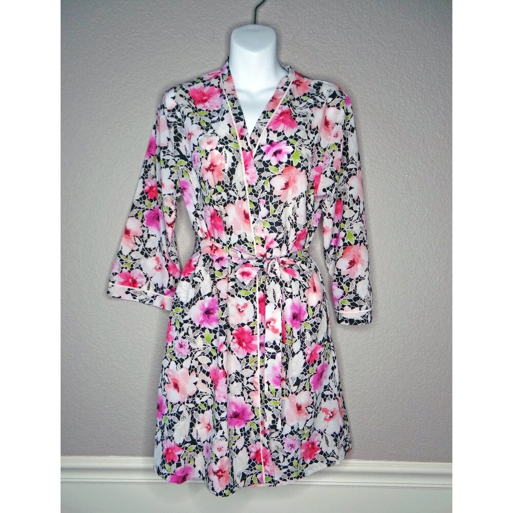 Oscar de la Renta Pink Label Floral Kimono Short Robe with Pockets Size M